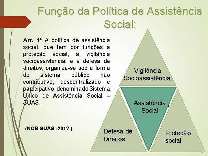 Função da Política de Assistência Social: Art. 1º A política de assistência social, que