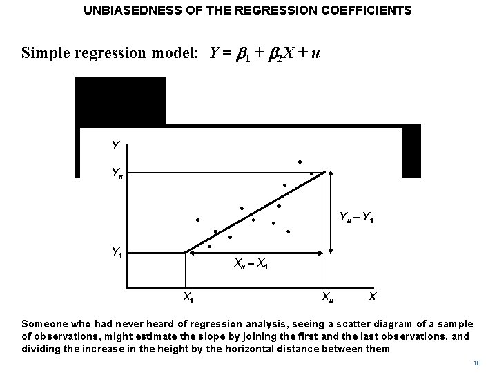 UNBIASEDNESS OF THE REGRESSION COEFFICIENTS Simple regression model: Y = b 1 + b