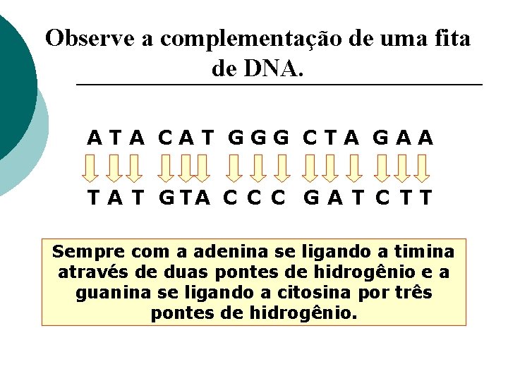 Observe a complementação de uma fita de DNA. ATA CAT GGG CTA GAA T