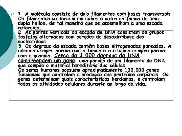 ¡ 1. A molécula consiste de dois filamentos com bases transversais. Os filamentos se