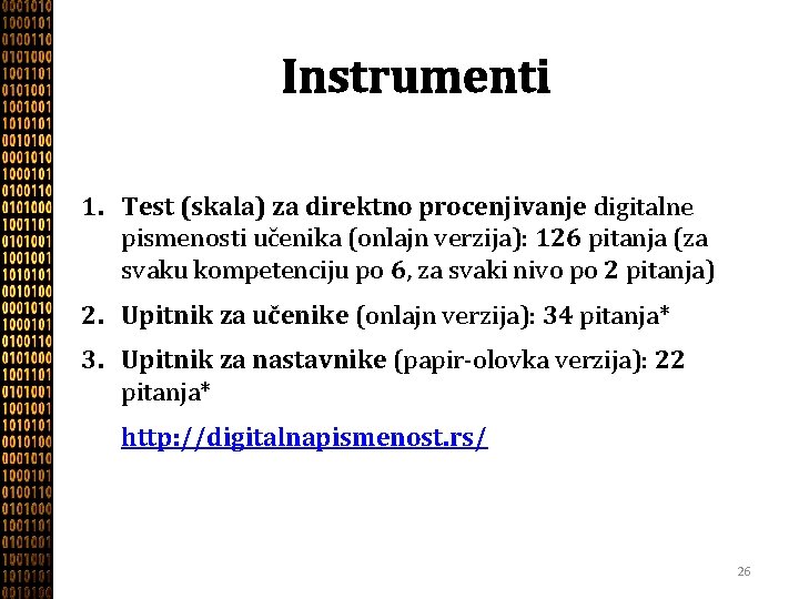 Instrumenti 1. Test (skala) za direktno procenjivanje digitalne pismenosti učenika (onlajn verzija): 126 pitanja
