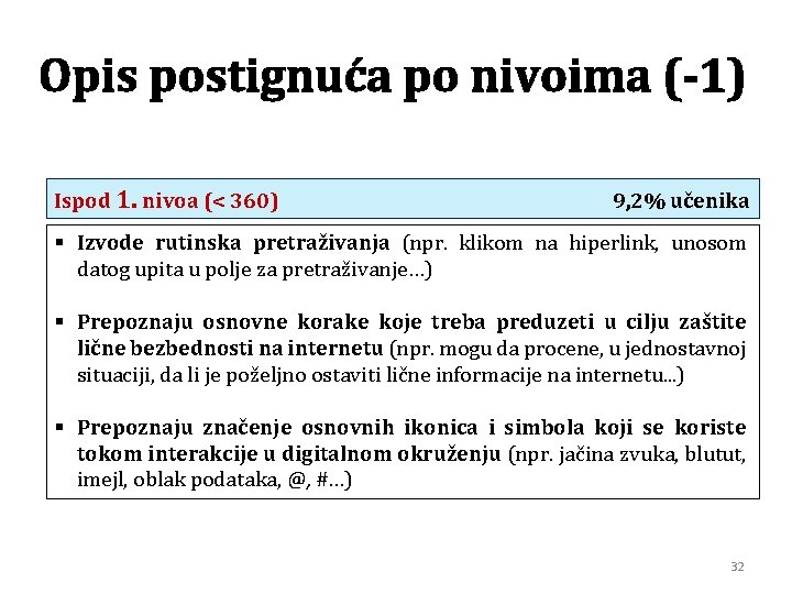 Opis postignuća po nivoima (-1) Ispod 1. nivoa (< 360) 9, 2% učenika §