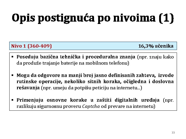 Opis postignuća po nivoima (1) Nivo 1 (360 -409) 16, 3% učenika § Poseduju