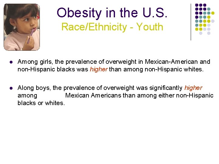 Obesity in the U. S. Race/Ethnicity - Youth l Among girls, the prevalence of