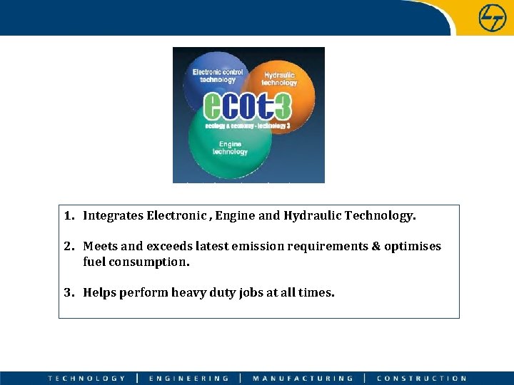 1. Integrates Electronic , Engine and Hydraulic Technology. 2. Meets and exceeds latest emission