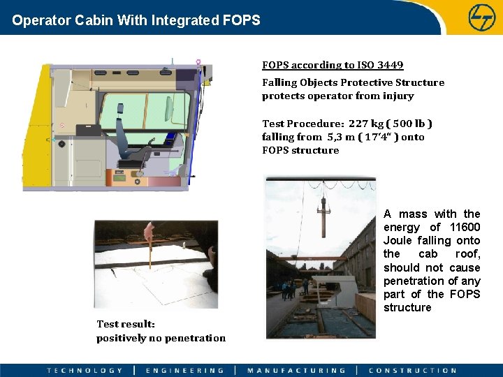 Operator Cabin With Integrated FOPS according to ISO 3449 Falling Objects Protective Structure protects