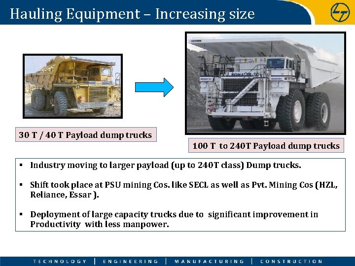 Hauling Equipment – Increasing size 30 T / 40 T Payload dump trucks 100