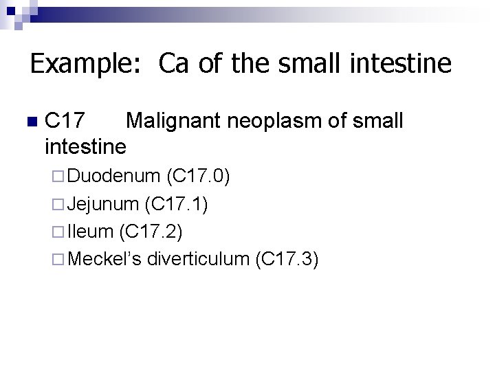 Example: Ca of the small intestine n C 17 Malignant neoplasm of small intestine