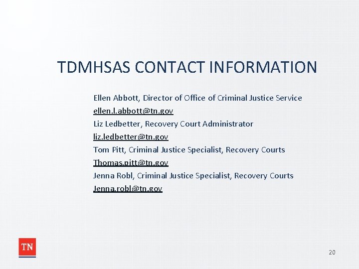 TDMHSAS CONTACT INFORMATION Ellen Abbott, Director of Office of Criminal Justice Service ellen. l.