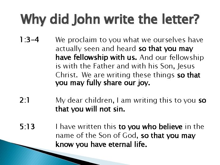 Why did John write the letter? 1: 3 -4 We proclaim to you what
