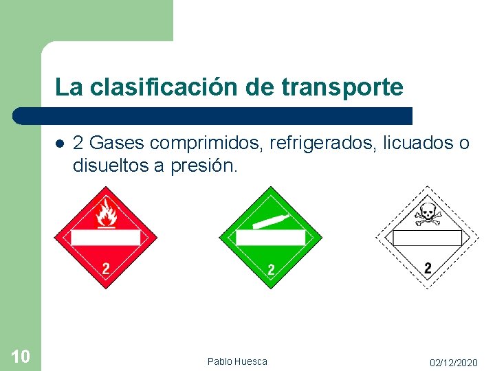 La clasificación de transporte l 10 2 Gases comprimidos, refrigerados, licuados o disueltos a
