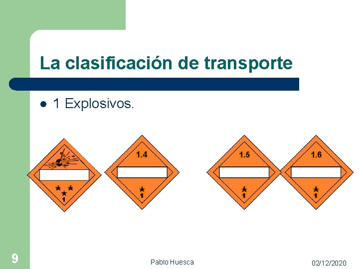 La clasificación de transporte l 9 1 Explosivos. Pablo Huesca 02/12/2020 