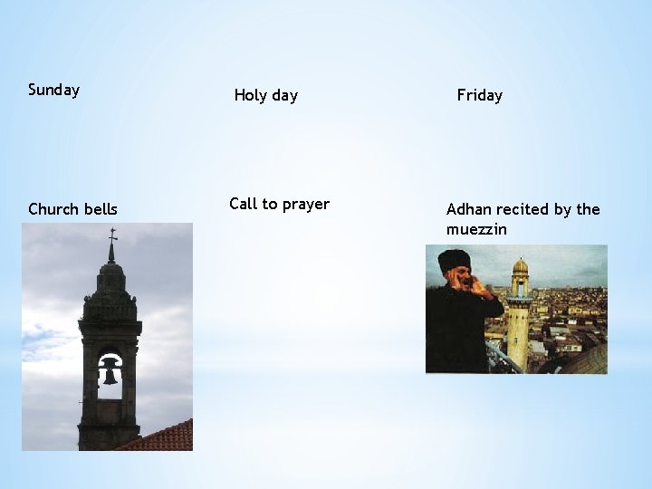 Sunday Church bells Holy day Call to prayer Friday Adhan recited by the muezzin