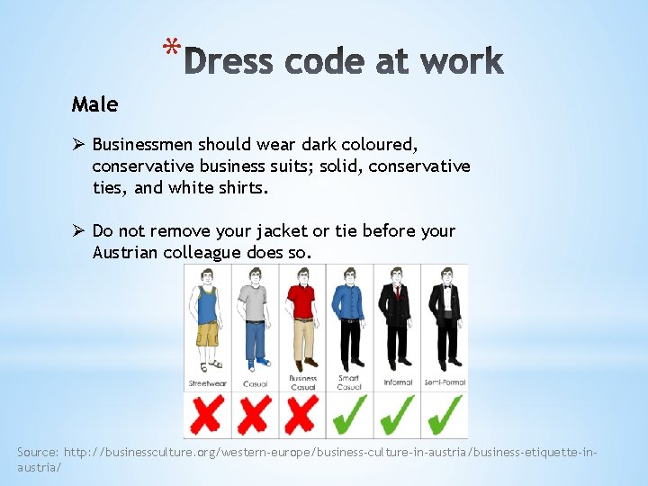 * Male Ø Businessmen should wear dark coloured, conservative business suits; solid, conservative ties,