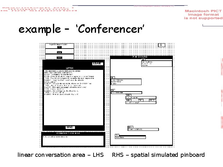 example – ‘Conferencer’ linear conversation area – LHS RHS – spatial simulated pinboard 