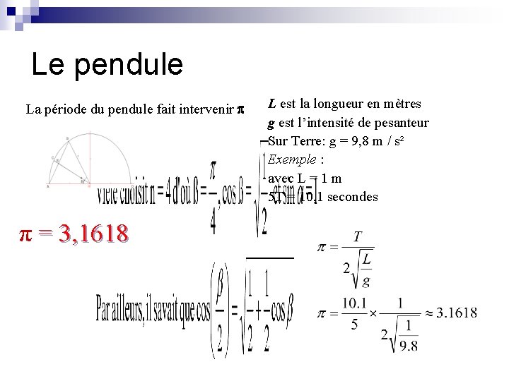 Le pendule La période du pendule fait intervenir π = 3, 1618 L est