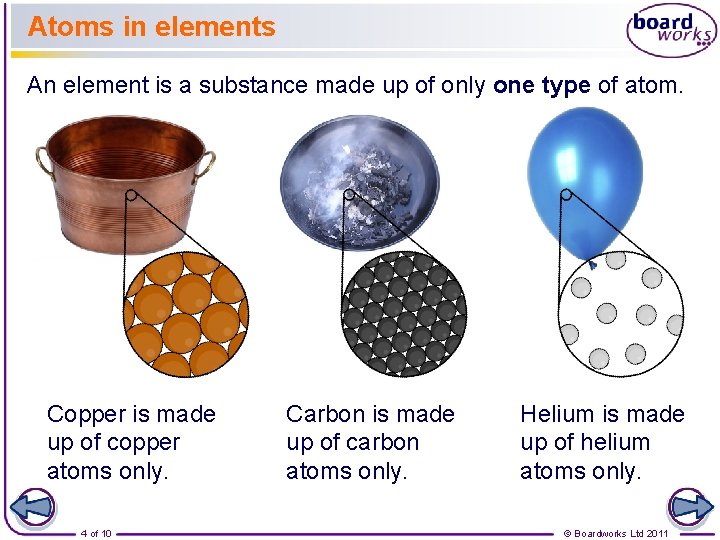 Atoms in elements An element is a substance made up of only one type