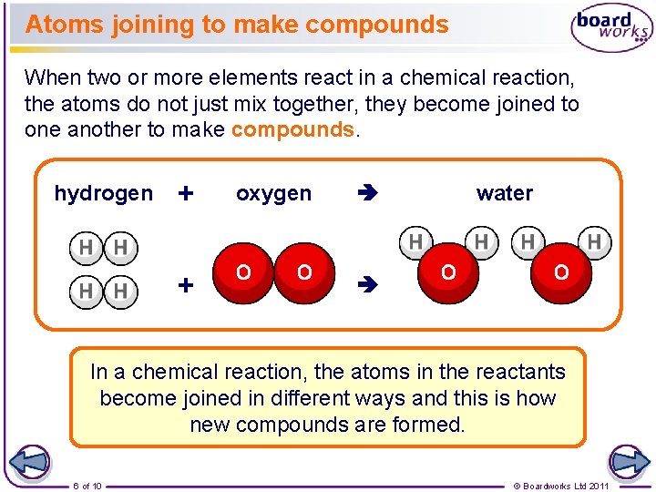 Atoms joining to make compounds When two or more elements react in a chemical