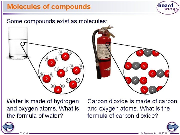 Molecules of compounds Some compounds exist as molecules: Water is made of hydrogen and