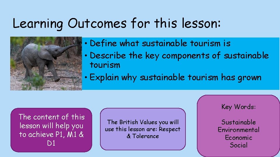 Learning Outcomes for this lesson: • Define what sustainable tourism is • Describe the