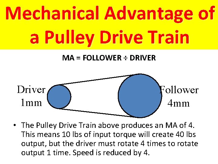 Mechanical Advantage of a Pulley Drive Train MA = FOLLOWER ÷ DRIVER Driver 1