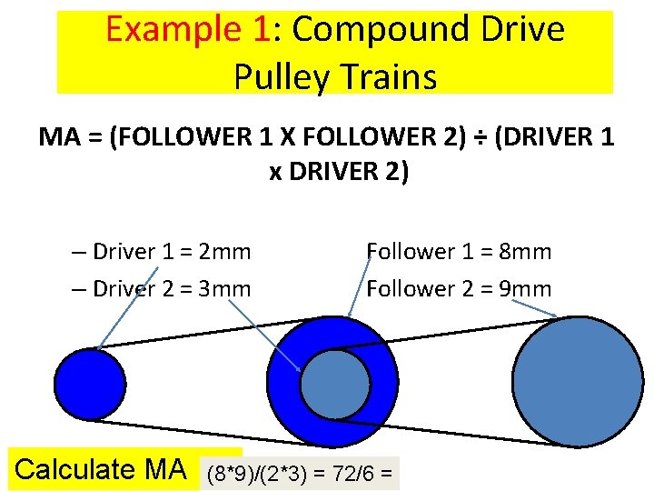 Example 1: Compound Drive Pulley Trains MA = (FOLLOWER 1 X FOLLOWER 2) ÷