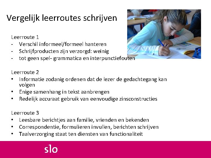 Vergelijk leerroutes schrijven Leerroute 1 - Verschil informeel/formeel hanteren - Schrijfproducten zijn verzorgd: weinig