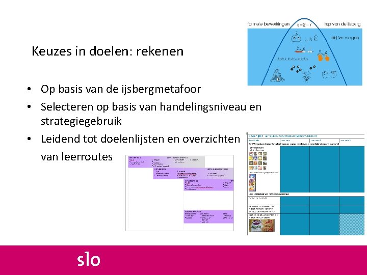 Keuzes in doelen: rekenen • Op basis van de ijsbergmetafoor • Selecteren op basis