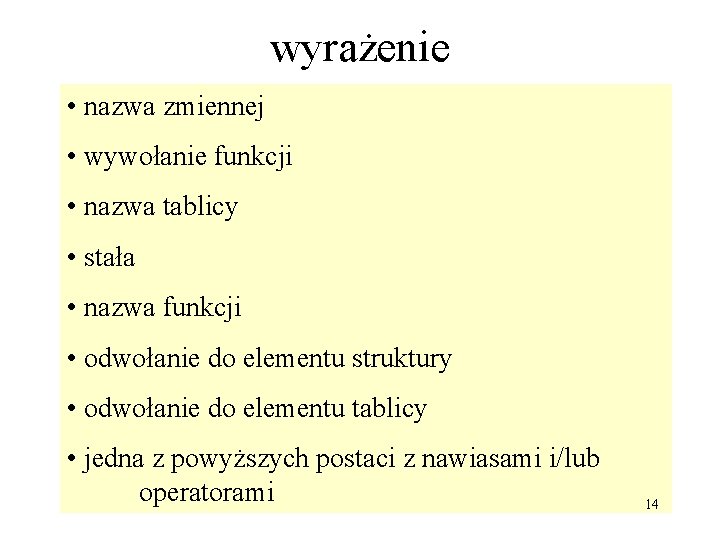 wyrażenie • nazwa zmiennej • wywołanie funkcji • nazwa tablicy • stała • nazwa