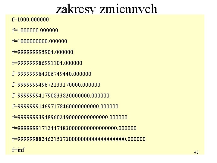 zakresy zmiennych f=1000. 000000 f=1000000000 f=99995904. 000000 f=999999986991104. 000000 f=999999984306749440. 000000 f=99999994967213317000000 f=999999941790833820000000 f=99999991469717846000000