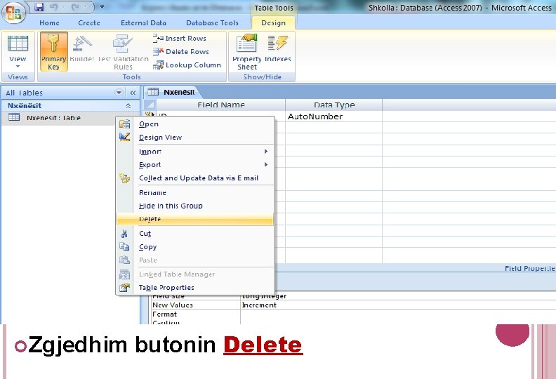  Zgjedhim butonin Delete 