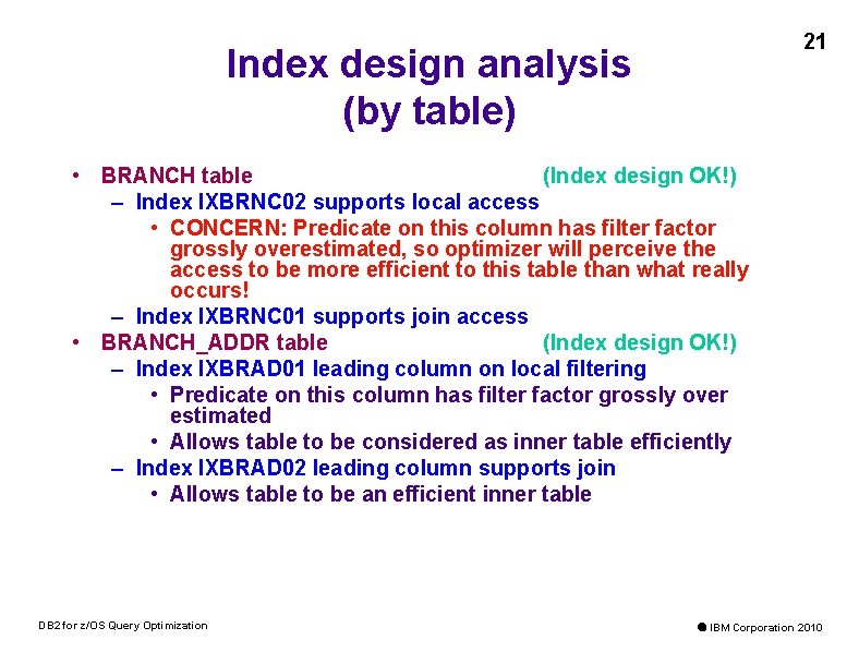 21 Index design analysis (by table) • BRANCH table (Index design OK!) – Index