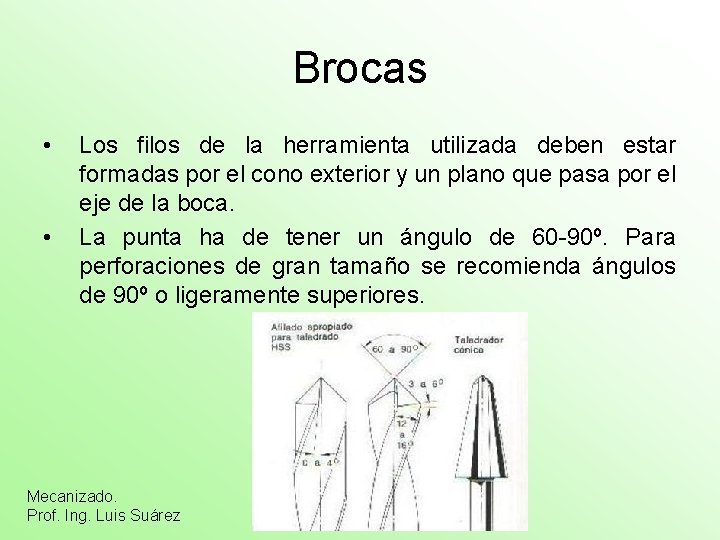 Brocas • • Los filos de la herramienta utilizada deben estar formadas por el