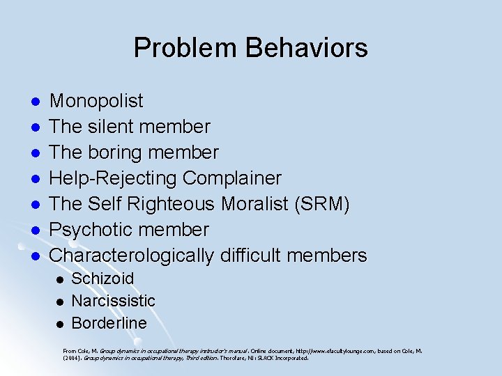 Problem Behaviors l l l l Monopolist The silent member The boring member Help-Rejecting