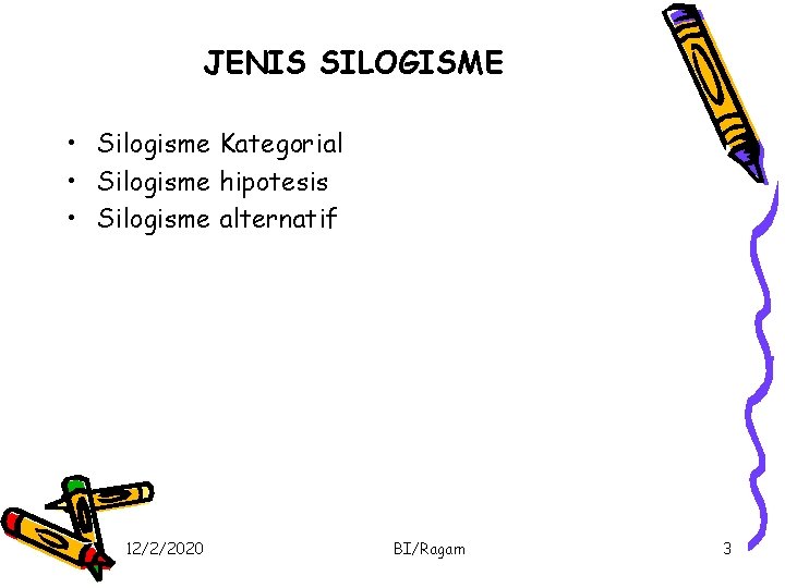 JENIS SILOGISME • Silogisme Kategorial • Silogisme hipotesis • Silogisme alternatif 12/2/2020 BI/Ragam 3