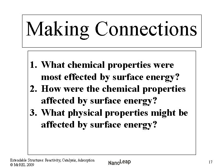 Making Connections 1. What chemical properties were most effected by surface energy? 2. How