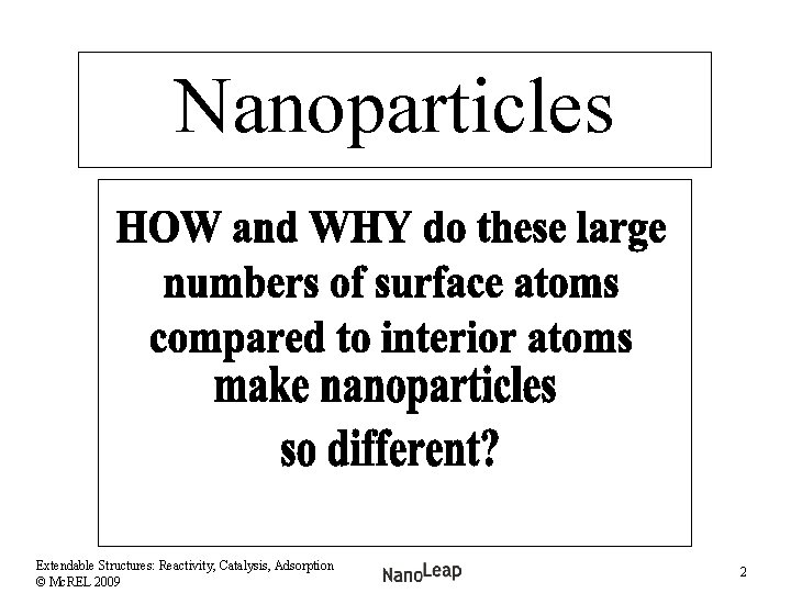 Nanoparticles Extendable Structures: Reactivity, Catalysis, Adsorption © Mc. REL 2009 2 