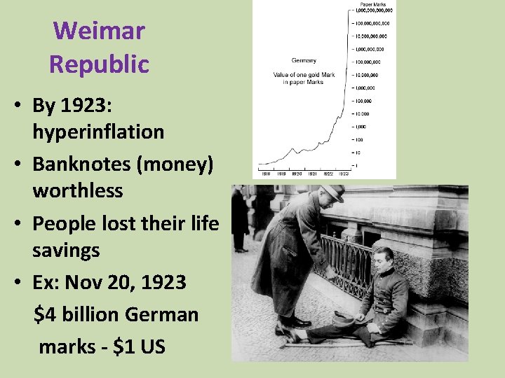 Weimar Republic • By 1923: hyperinflation • Banknotes (money) worthless • People lost their