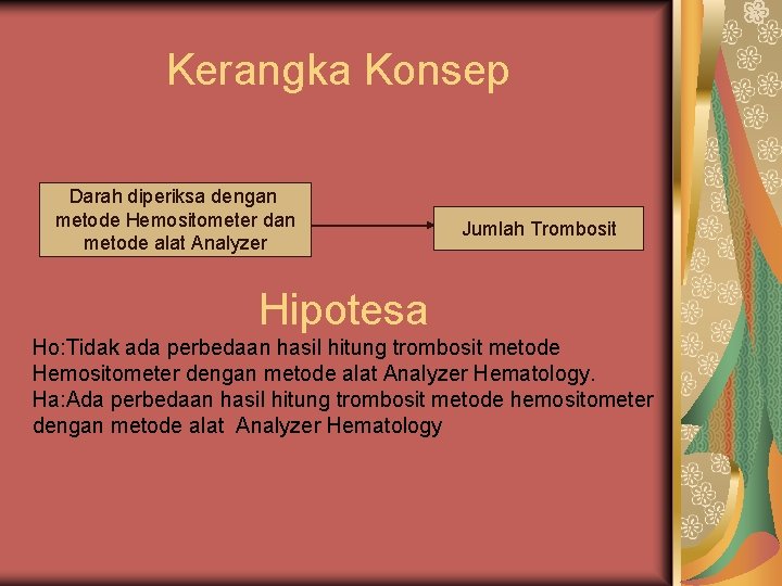 Kerangka Konsep Darah diperiksa dengan metode Hemositometer dan metode alat Analyzer Jumlah Trombosit Hipotesa