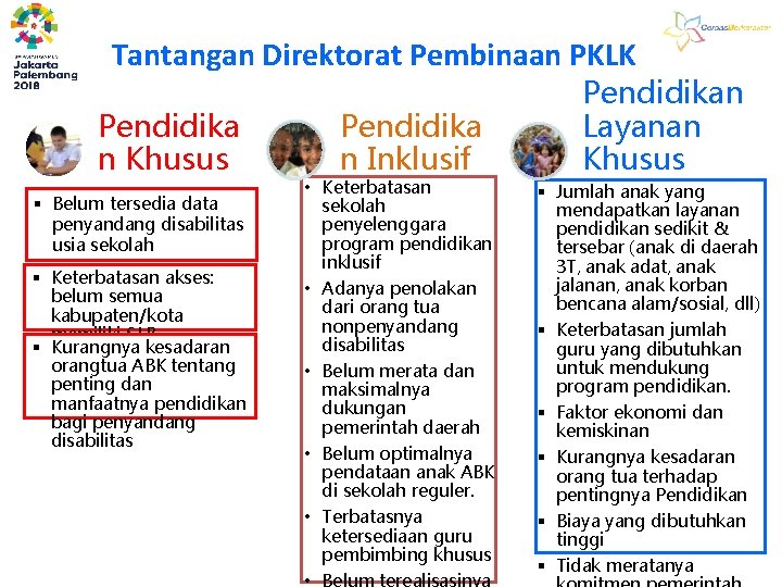 Tantangan Direktorat Pembinaan PKLK Pendidika n Khusus § Belum tersedia data penyandang disabilitas usia