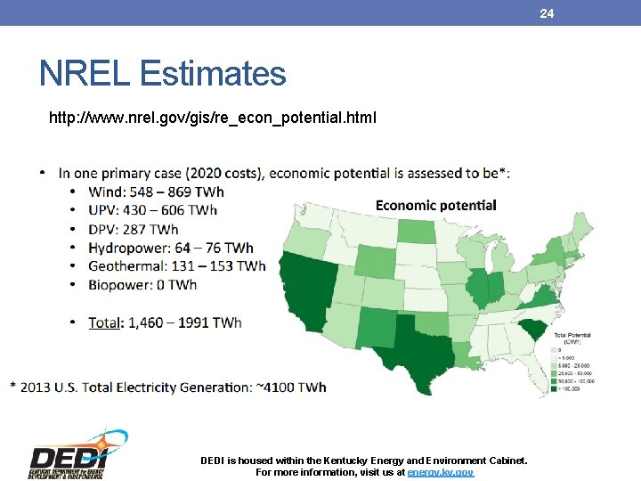 24 NREL Estimates http: //www. nrel. gov/gis/re_econ_potential. html DEDI is housed within the Kentucky