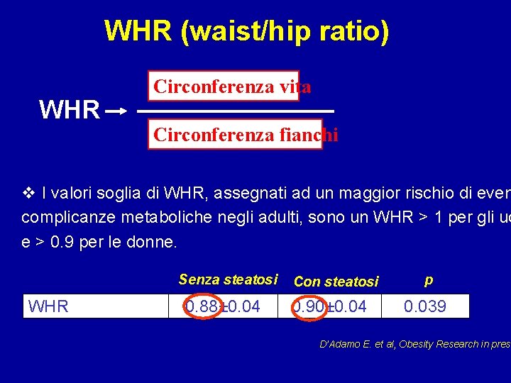 WHR (waist/hip ratio) WHR Circonferenza vita Circonferenza fianchi v I valori soglia di WHR,