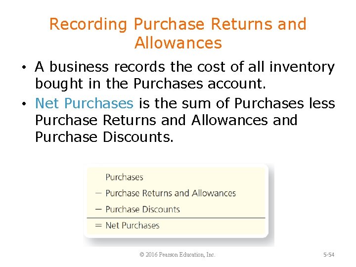 Recording Purchase Returns and Allowances • A business records the cost of all inventory