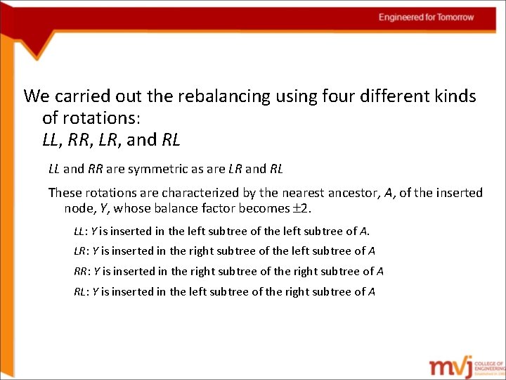 We carried out the rebalancing using four different kinds of rotations: LL, RR, LR,