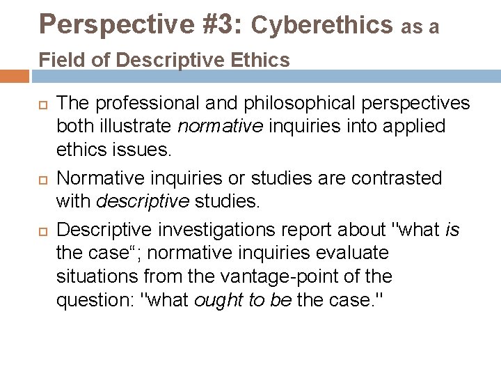 Perspective #3: Cyberethics as a Field of Descriptive Ethics The professional and philosophical perspectives