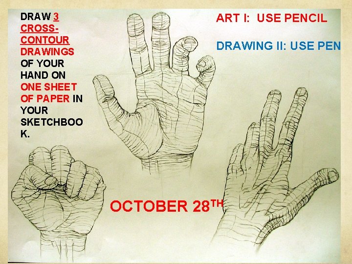 DRAW 3 CROSSCONTOUR DRAWINGS OF YOUR HAND ON ONE SHEET OF PAPER IN YOUR