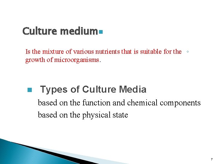 Culture mediumn Is the mixture of various nutrients that is suitable for the ◦