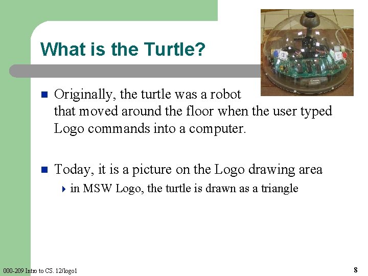 What is the Turtle? n Originally, the turtle was a robot that moved around