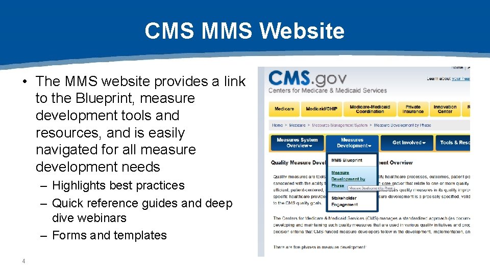 CMS MMS Website • The MMS website provides a link to the Blueprint, measure