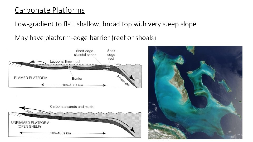 Carbonate Platforms Low-gradient to flat, shallow, broad top with very steep slope May have